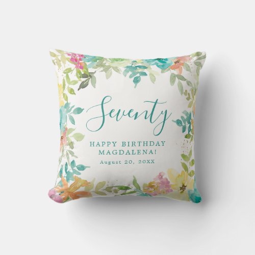 Summer Watercolor Floral Custom 70th Birthday Throw Pillow