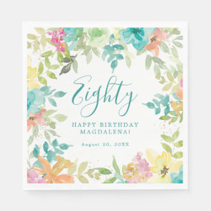 Summer Watercolor Floral Custom 80th Birthday Napkins