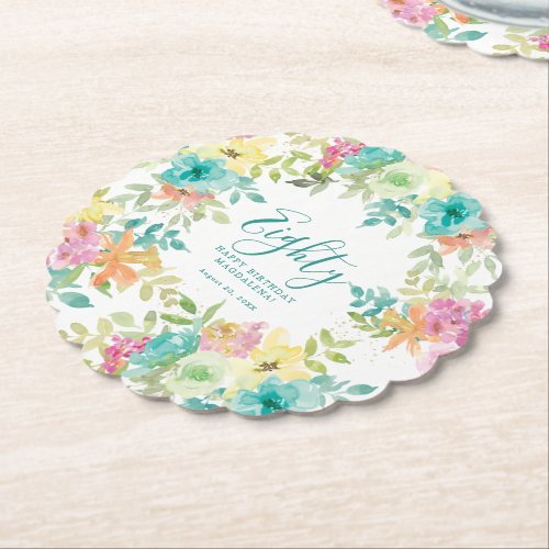 Summer Watercolor Floral Custom 80th Birthday Paper Coaster