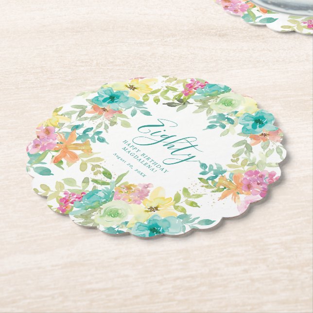 Summer Watercolor Floral Custom 80th Birthday Paper Coaster (Angled)