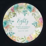 Summer Watercolor Floral Custom 80th Birthday Paper Plates<br><div class="desc">New for Summer 2024. Modern and colorful summer floral watercolor features pink,  turquoise blue,  yellow and orange flowers. They form rustic,  boho chic,  botanical frame around your birthday wishes. This item is part of the Summer Watercolor Floral collection. It contains professionally designed invitation templates,  welcome signs and party decorations.</div>