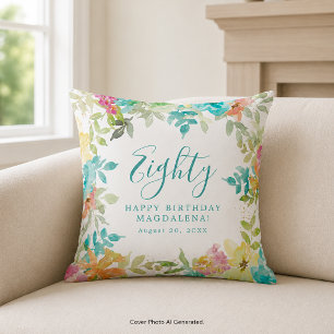 Summer Watercolor Floral Custom 80th Birthday Throw Pillow