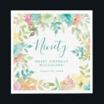 Summer Watercolor Floral Custom 90th Birthday Napkins<br><div class="desc">New for Summer 2024. Modern and colorful summer floral watercolor features pink,  turquoise blue,  yellow and orange flowers. They form rustic,  boho chic,  botanical frame around your birthday wishes. This item is part of the Summer Watercolor Floral collection. It contains professionally designed invitation templates,  welcome signs and party decorations.</div>