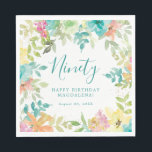 Summer Watercolor Floral Custom 90th Birthday Napkins<br><div class="desc">New for Summer 2024. Modern and colorful summer floral watercolor features pink,  turquoise blue,  yellow and orange flowers. They form rustic,  boho chic,  botanical frame around your birthday wishes. This item is part of the Summer Watercolor Floral collection. It contains professionally designed invitation templates,  welcome signs and party decorations.</div>