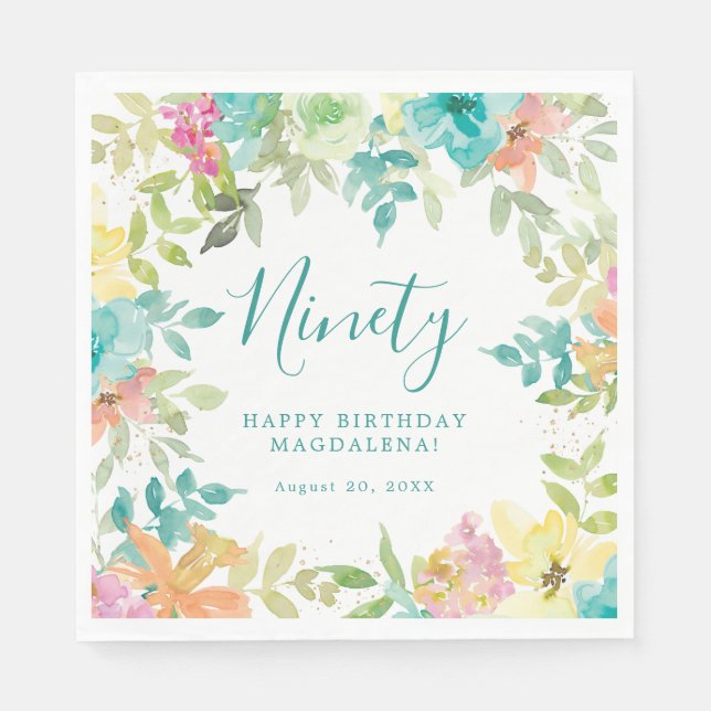 Summer Watercolor Floral Custom 90th Birthday Napkins (Front)