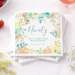 Summer Watercolor Floral Custom 90th Birthday Napkins<br><div class="desc">New for Summer 2024. Modern and colorful summer floral watercolor features pink,  turquoise blue,  yellow and orange flowers. They form rustic,  boho chic,  botanical frame around your birthday wishes. This item is part of the Summer Watercolor Floral collection. It contains professionally designed invitation templates,  welcome signs and party decorations.</div>