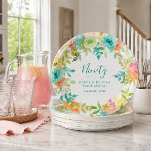 Summer Watercolor Floral Custom 90th Birthday Paper Plates