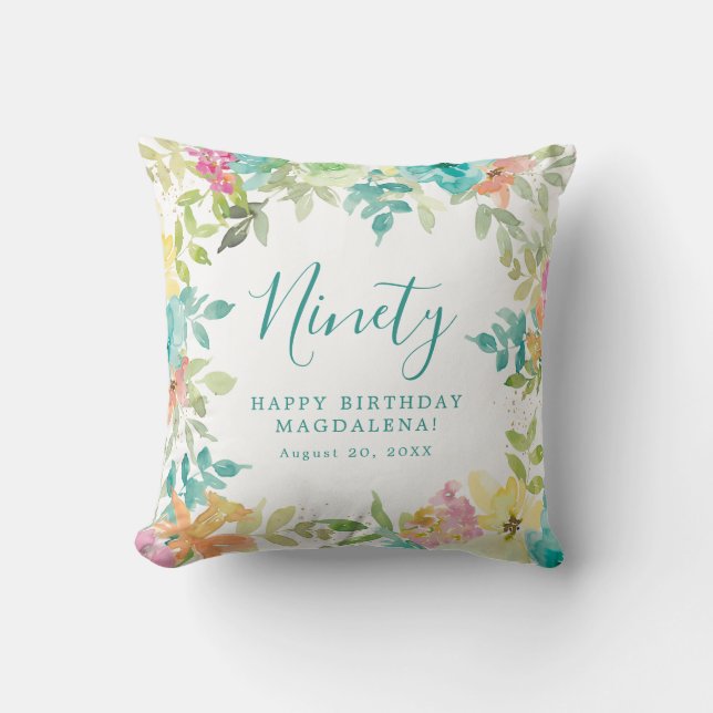Summer Watercolor Floral Custom 90th Birthday Throw Pillow (Front)