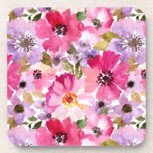 Summer Watercolor Floral Pattern Beverage Coaster