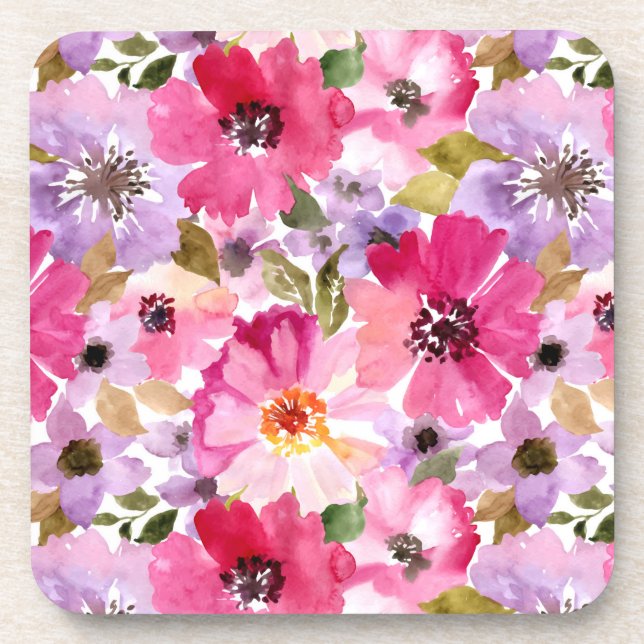 Summer Watercolor Floral Pattern Beverage Coaster (Front)