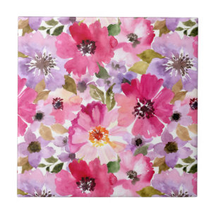 Summer Watercolor Floral Pattern Ceramic Tile