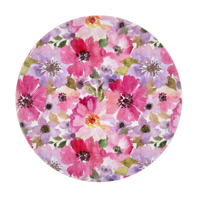 Summer Watercolor Floral Pattern Cutting Board (Front)