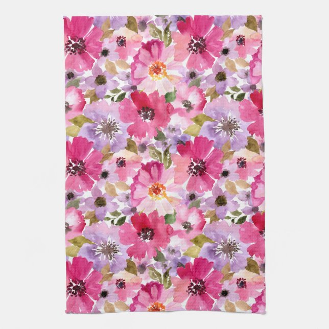 Summer Watercolor Floral Pattern Kitchen Towel (Vertical)