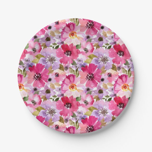Summer Watercolor Floral Pattern Paper Plates (Front)