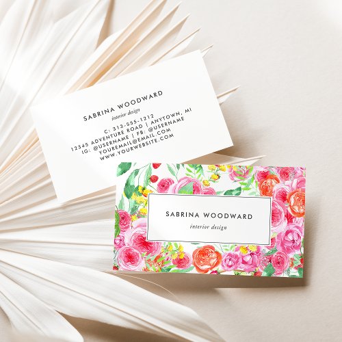Summer Watercolor Floral Pattern Pink Coral Yellow Business Card