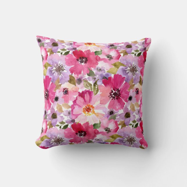 Summer Watercolor Floral Pattern Throw Pillow (Front)