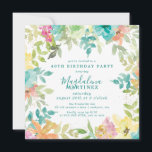 Summer Watercolor Floral Square 40th Birthday Invitation<br><div class="desc">New for Summer 2024. Modern and colorful summer floral watercolor features pink, turquoise blue, yellow and orange flowers. They form rustic, boho chic, botanical frame around your birthday party details. This item is part of the Summer Watercolor Floral collection. It contains professionally designed invitation templates, welcome signs and party decorations....</div>