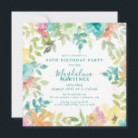 Summer Watercolor Floral Square 90th Birthday Invitation<br><div class="desc">New for Summer 2024. Modern and colorful summer floral watercolor features pink, turquoise blue, yellow and orange flowers. They form rustic, boho chic, botanical frame around your birthday party details. This item is part of the Summer Watercolor Floral collection. It contains professionally designed invitation templates, welcome signs and party decorations....</div>