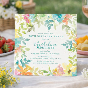 Summer Watercolor Floral Square 90th Birthday Invitation