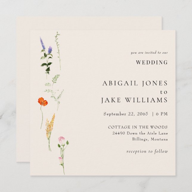 Summer Watercolor Floral Square Wedding Invitation (Front/Back)