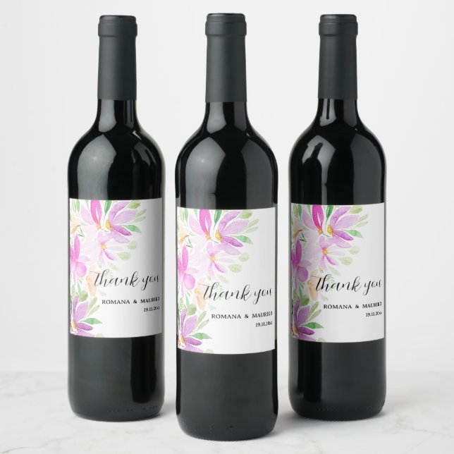 Summer Watercolor Hand-painted Flowers Monogram Wine Label (Bottles)