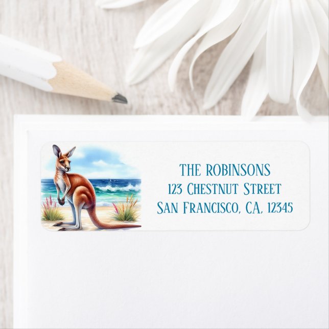 Summer Watercolor Kangaroo on the beach Label (Insitu)