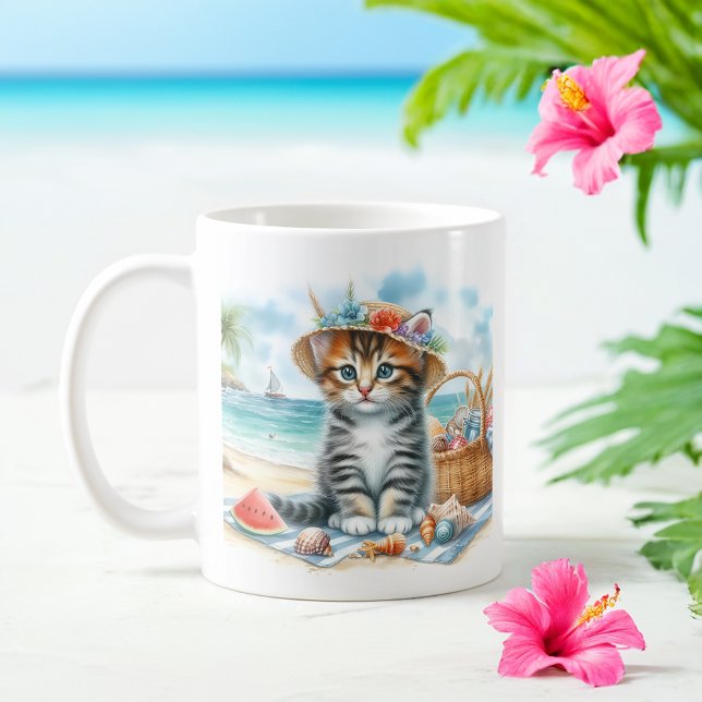 Summer Watercolor Kitten on the beach Coffee Mug (Creator Uploaded)