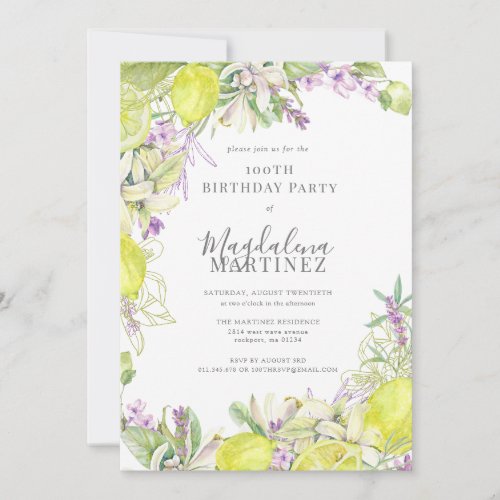 Summer Watercolor Lavender Lemons 100th Birthday