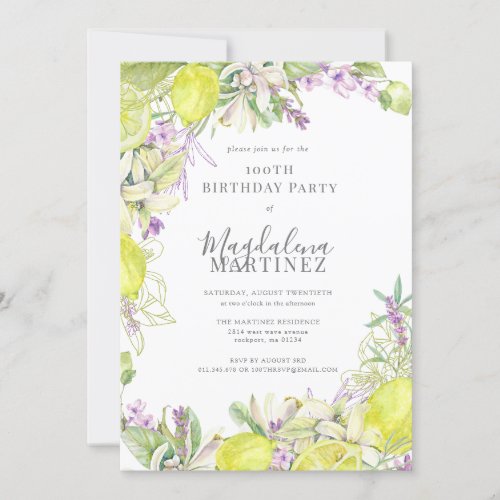 Summer Watercolor Lavender Lemons 100th Birthday Invitation