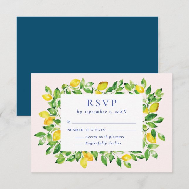 Summer Watercolor Lemons and Foliage Wedding RSVP Card (Front/Back)