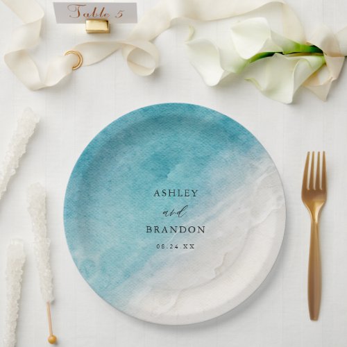 Summer Watercolor Ocean Blue Beach Wedding Paper Plates