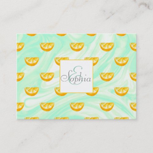 Summer watercolor oranges and marbleized design business card