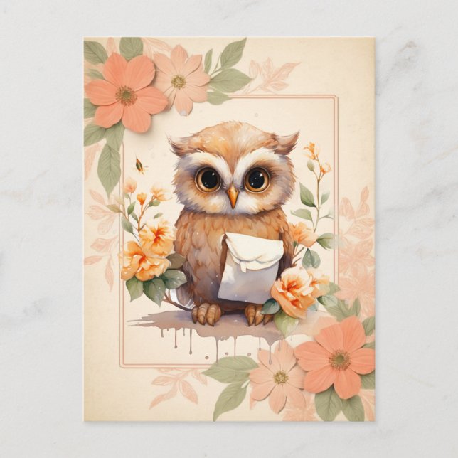 Summer Watercolor Owl - Floral frame -  Postcard (Front)