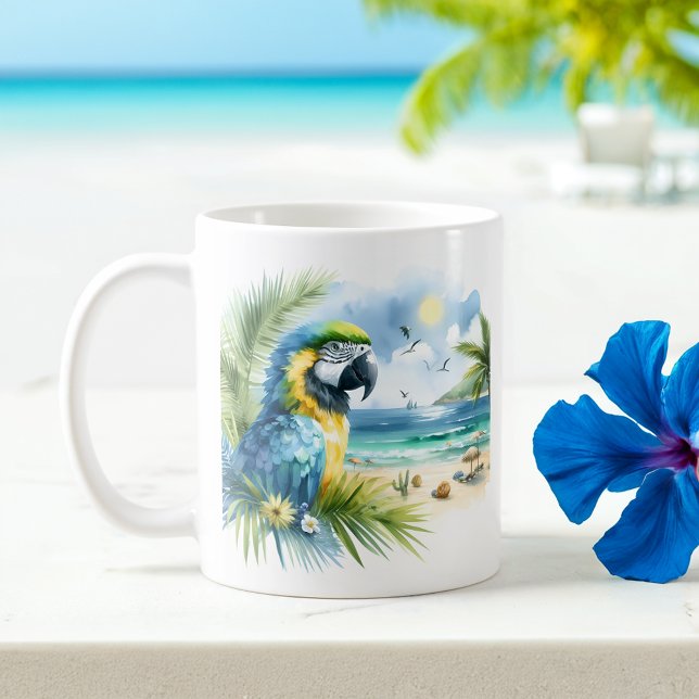 Summer Watercolor Parrot on the beach Coffee Mug (Creator Uploaded)