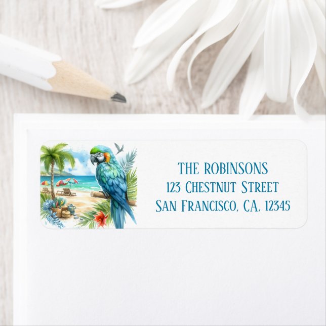 Summer Watercolor Parrot on the beach Label (Insitu)