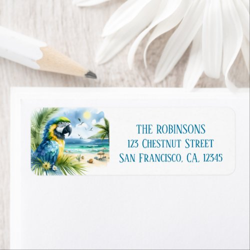 Summer Watercolor Parrot on the beach Label