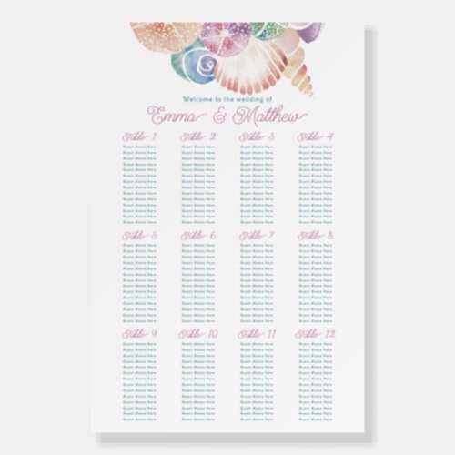 Summer Watercolor Pastel Shell Bridal Seat Chart Foam Board