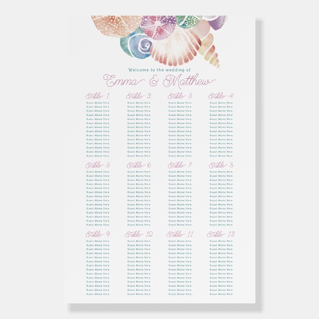 Summer Watercolor Pastel Shell Bridal Seat Chart Foam Board (Front)