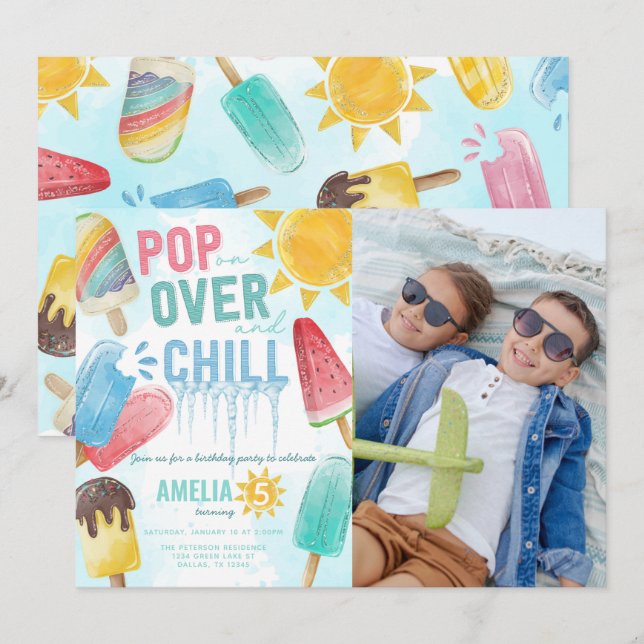 Summer Watercolor Popsicle Birthday Party  Invitation (Front/Back)