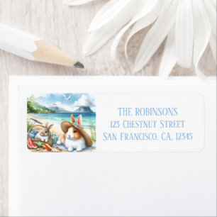 Summer Watercolor Rabbits on the beach Label