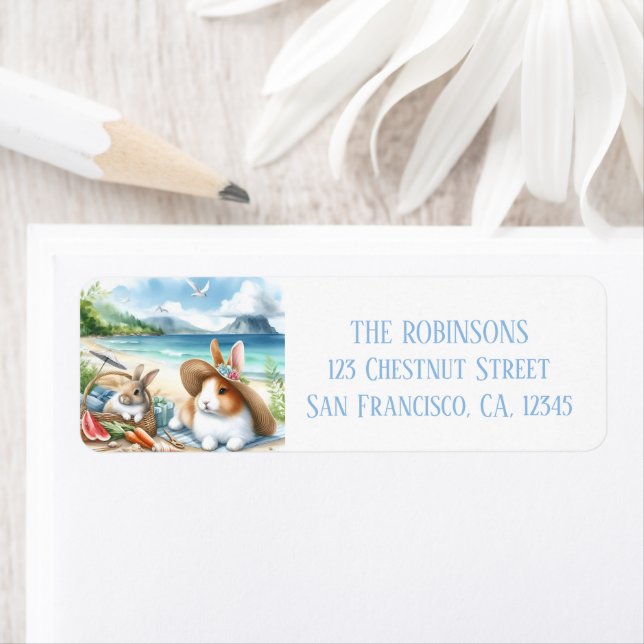 Summer Watercolor Rabbits on the beach Label (Insitu)