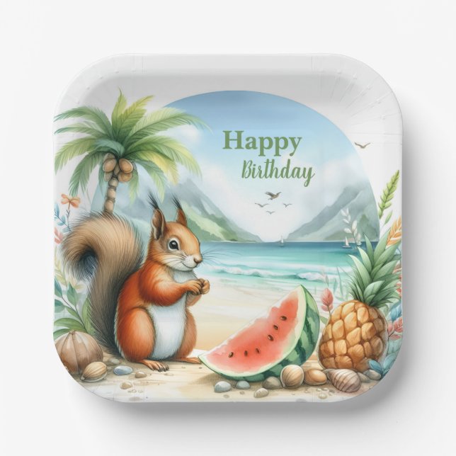 Summer Watercolor Squirrel  Paper Plates (Front)
