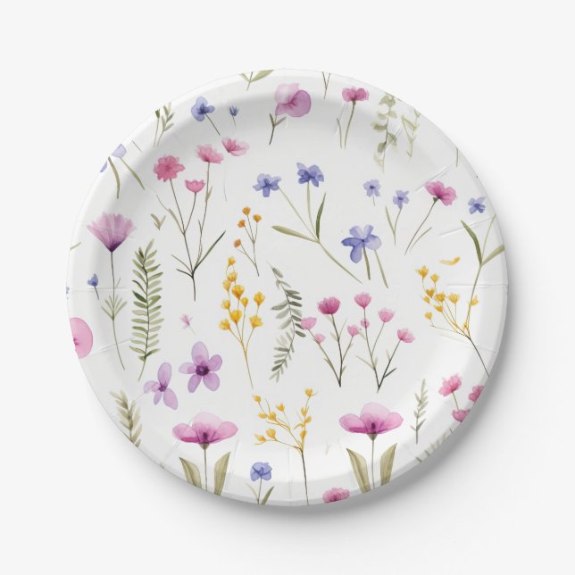 Summer Watercolor Wildflowers Paper Plates (Front)