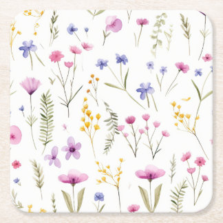 Summer Watercolor Wildflowers Square Paper Coaster