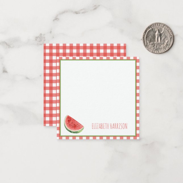 Summer Watermelon and Red Gingham Plaid Note Card (Front/Back In Situ)