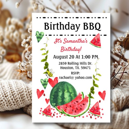 Summer Watermelon Birthday BBQ Cookout Invitation