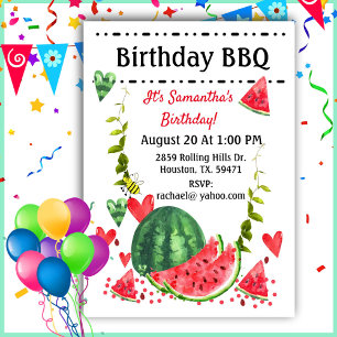 Summer Watermelon Birthday BBQ Cookout Invitation