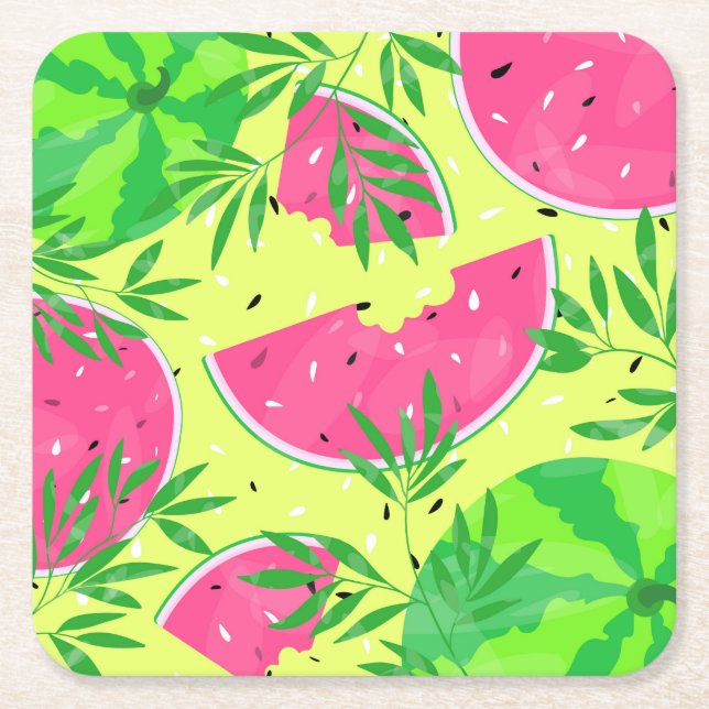 Summer Watermelon Branches Seeds Bright Tropical Square Paper Coaster (Front)