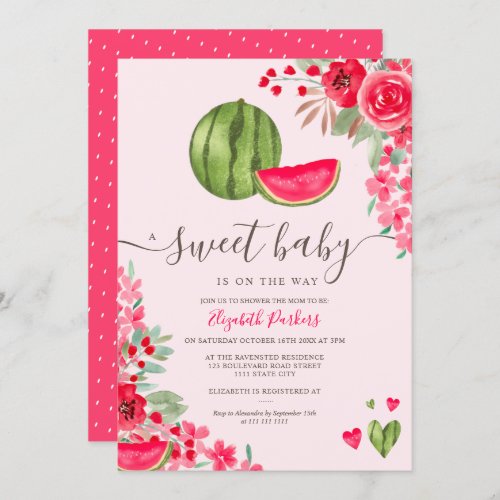 Summer watermelon floral watercolor baby shower invitation