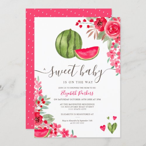 Summer watermelon floral watercolor baby shower invitation